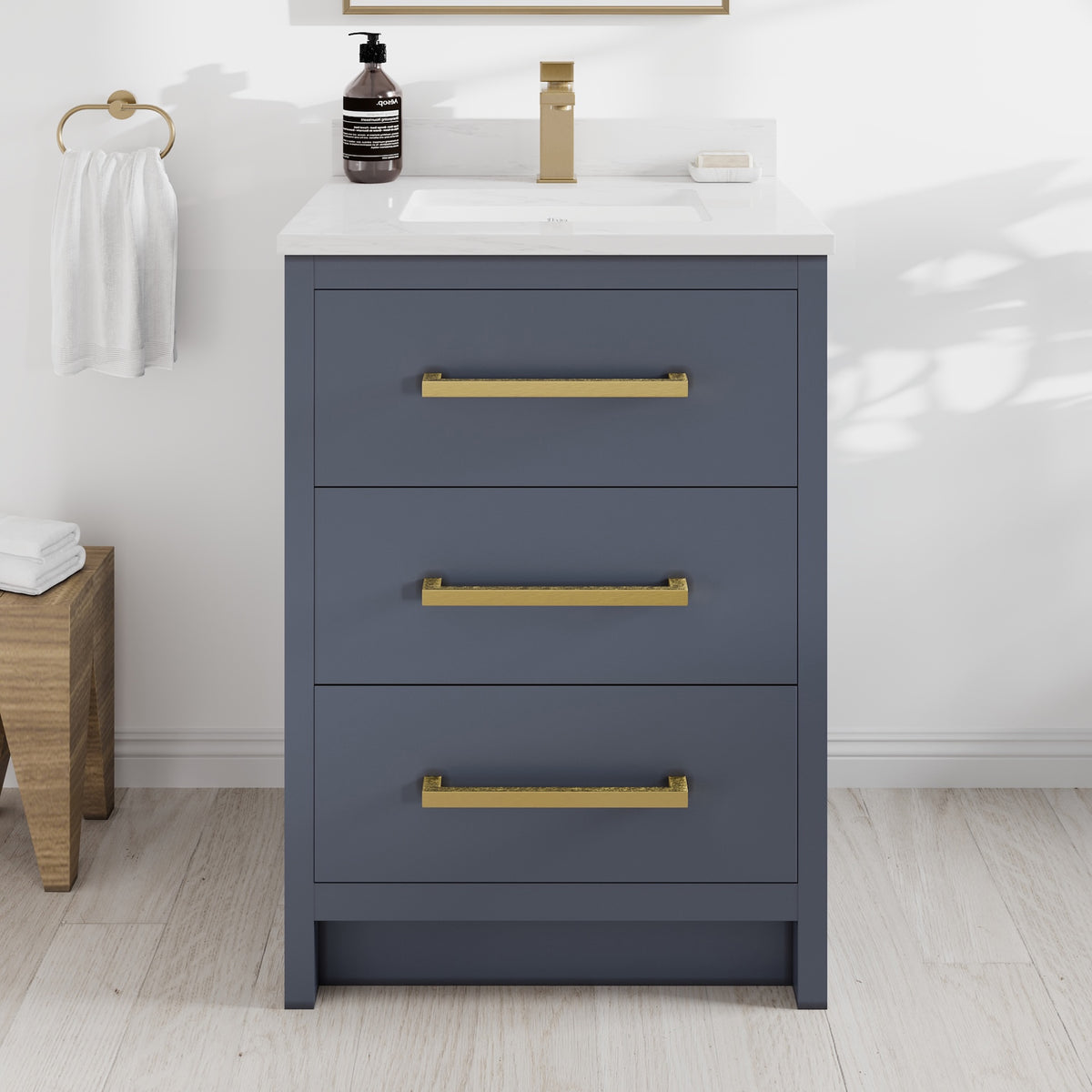 Curio 24 in. Dark Blue Single Sink Bath Vanity with Arabescato Engineered Stone Top and Undermount Porcelain Sink - Bathroom Vanity by Eviva