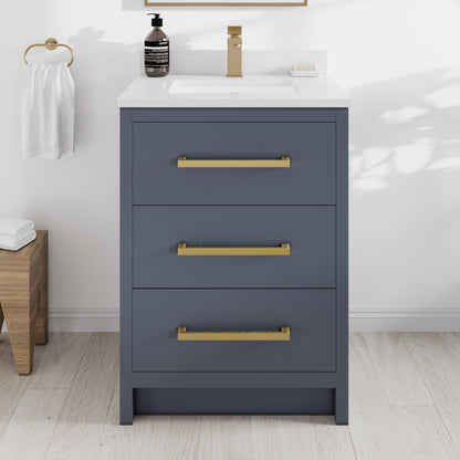Curio 24 in. Dark Blue Single Sink Bath Vanity with Arabescato Engineered Stone Top and Undermount Porcelain Sink - Bathroom Vanity by Eviva