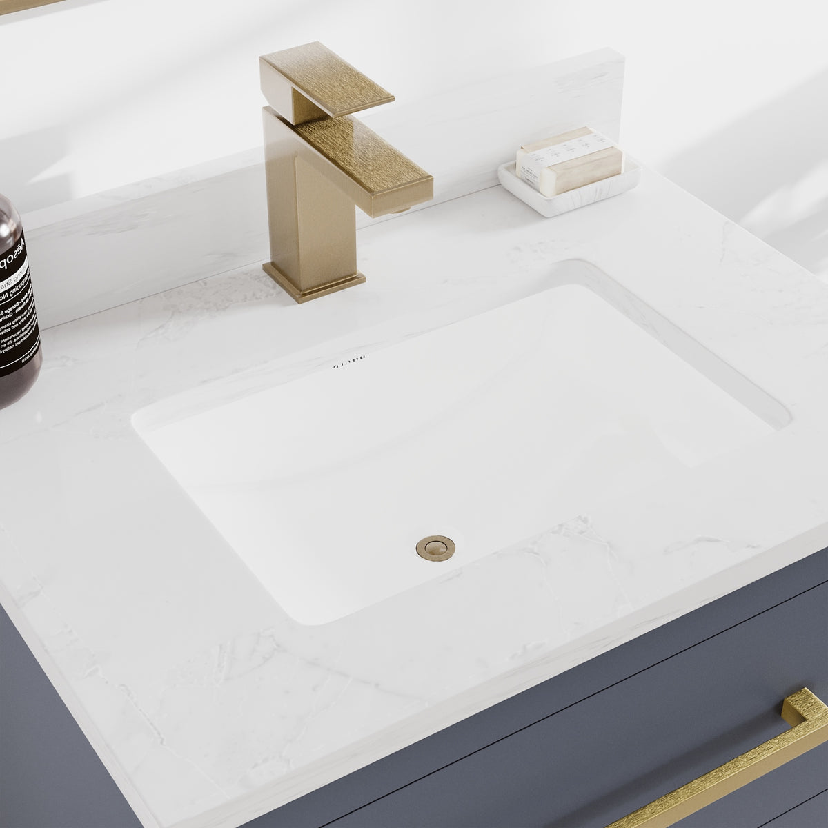 Curio 24 in. Dark Blue Single Sink Bath Vanity with Arabescato Engineered Stone Top and Undermount Porcelain Sink - Bathroom Vanity by Eviva