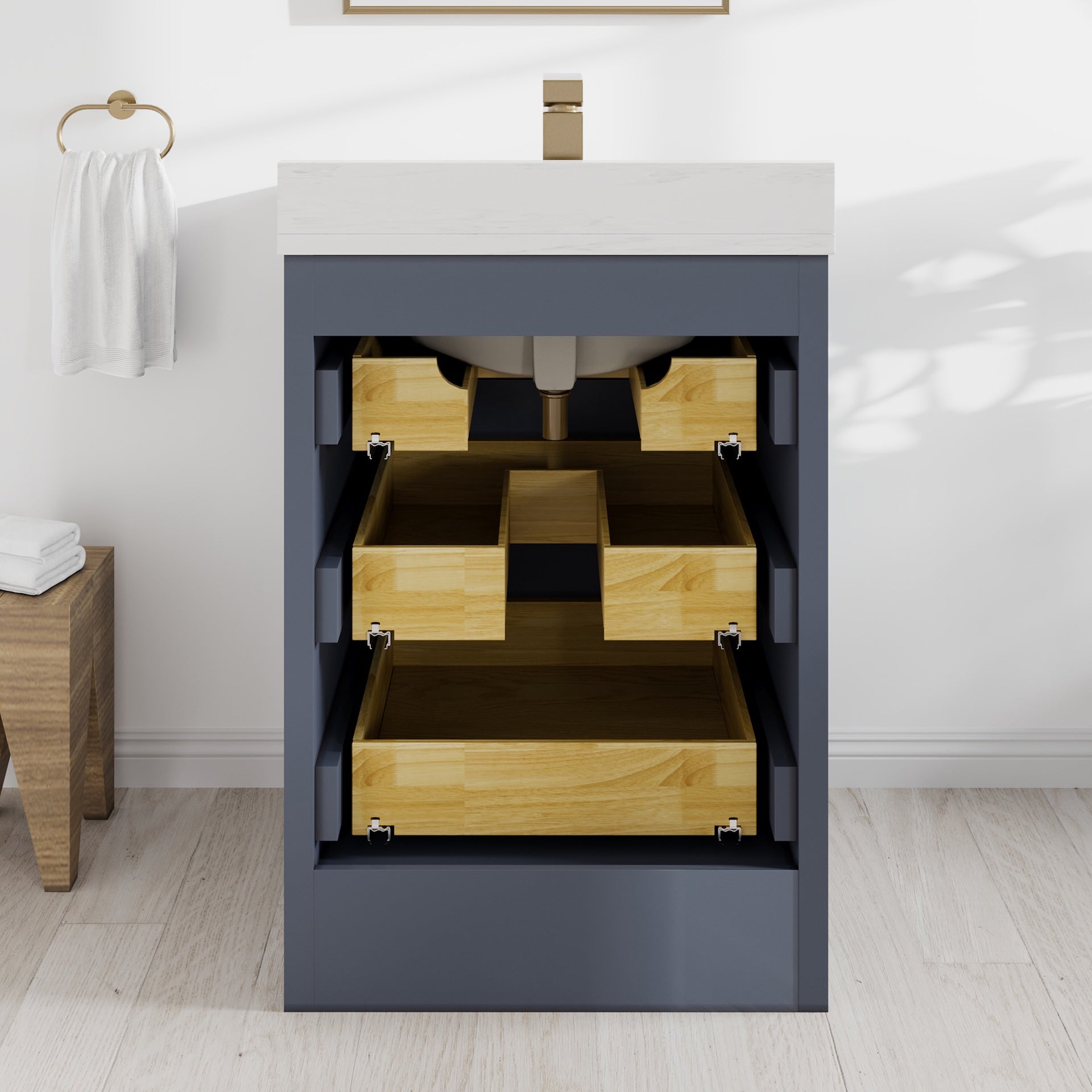 Curio 24 in. Dark Blue Single Sink Bath Vanity with Arabescato Engineered Stone Top and Undermount Porcelain Sink - Bathroom Vanity by Eviva