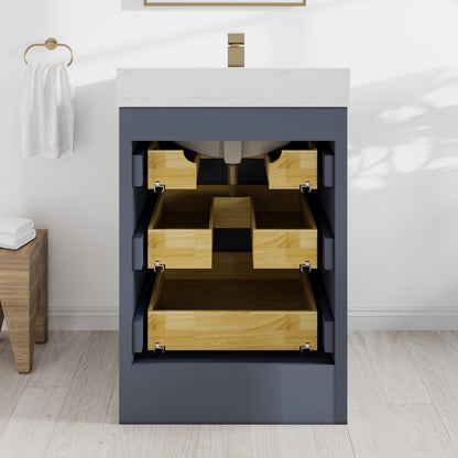 Curio 24 in. Dark Blue Single Sink Bath Vanity with Arabescato Engineered Stone Top and Undermount Porcelain Sink - Bathroom Vanity by Eviva