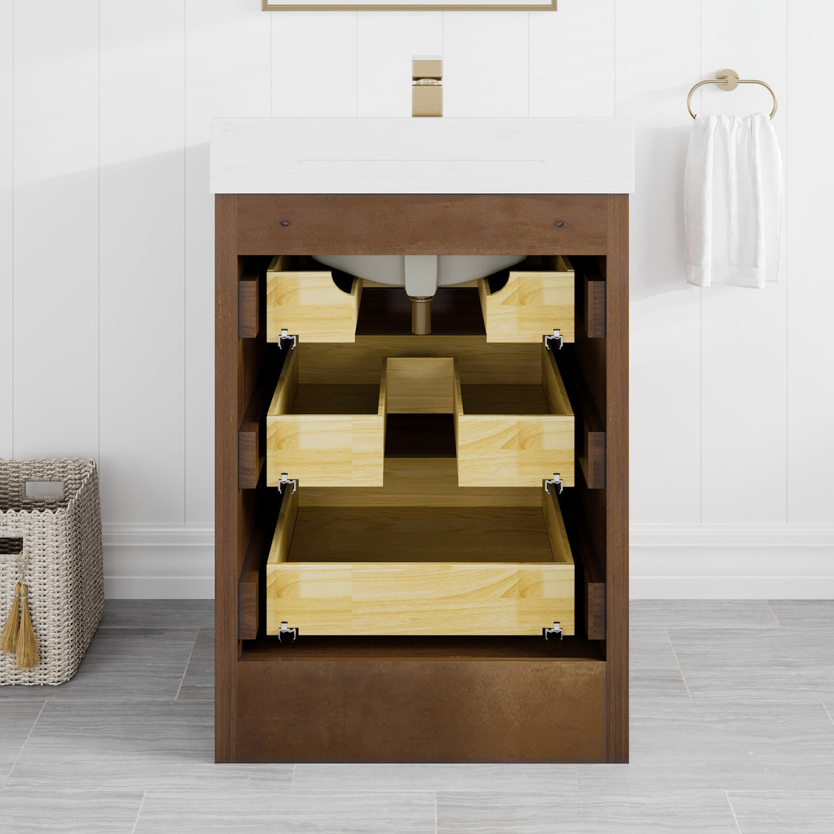 Curio 24 in. Walnut Single Sink Bath Vanity with Arabescato Engineered Stone Top and Undermount Porcelain Sink - Bathroom Vanity by Eviva