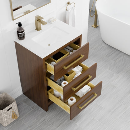 Curio 24 in. Walnut Single Sink Bath Vanity with Arabescato Engineered Stone Top and Undermount Porcelain Sink - Bathroom Vanity by Eviva