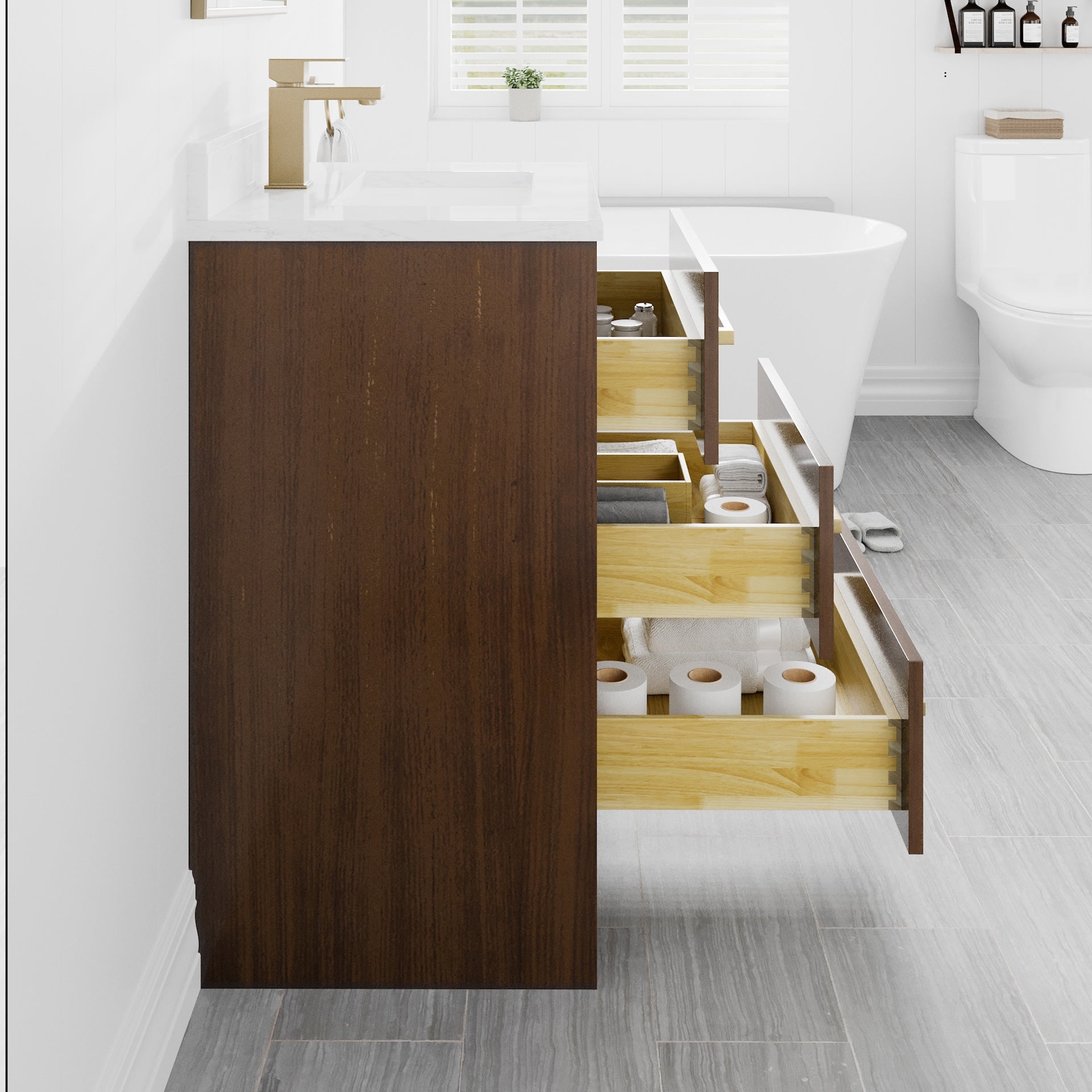 Curio 24 in. Walnut Single Sink Bath Vanity with Arabescato Engineered Stone Top and Undermount Porcelain Sink - Bathroom Vanity by Eviva