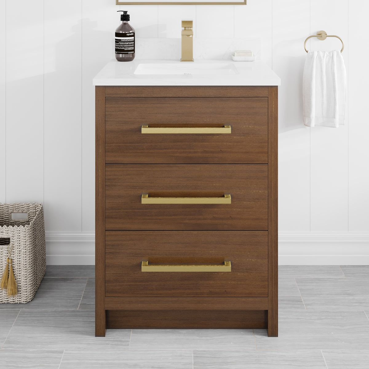Curio 24 in. Walnut Single Sink Bath Vanity with Arabescato Engineered Stone Top and Undermount Porcelain Sink - Bathroom Vanity by Eviva