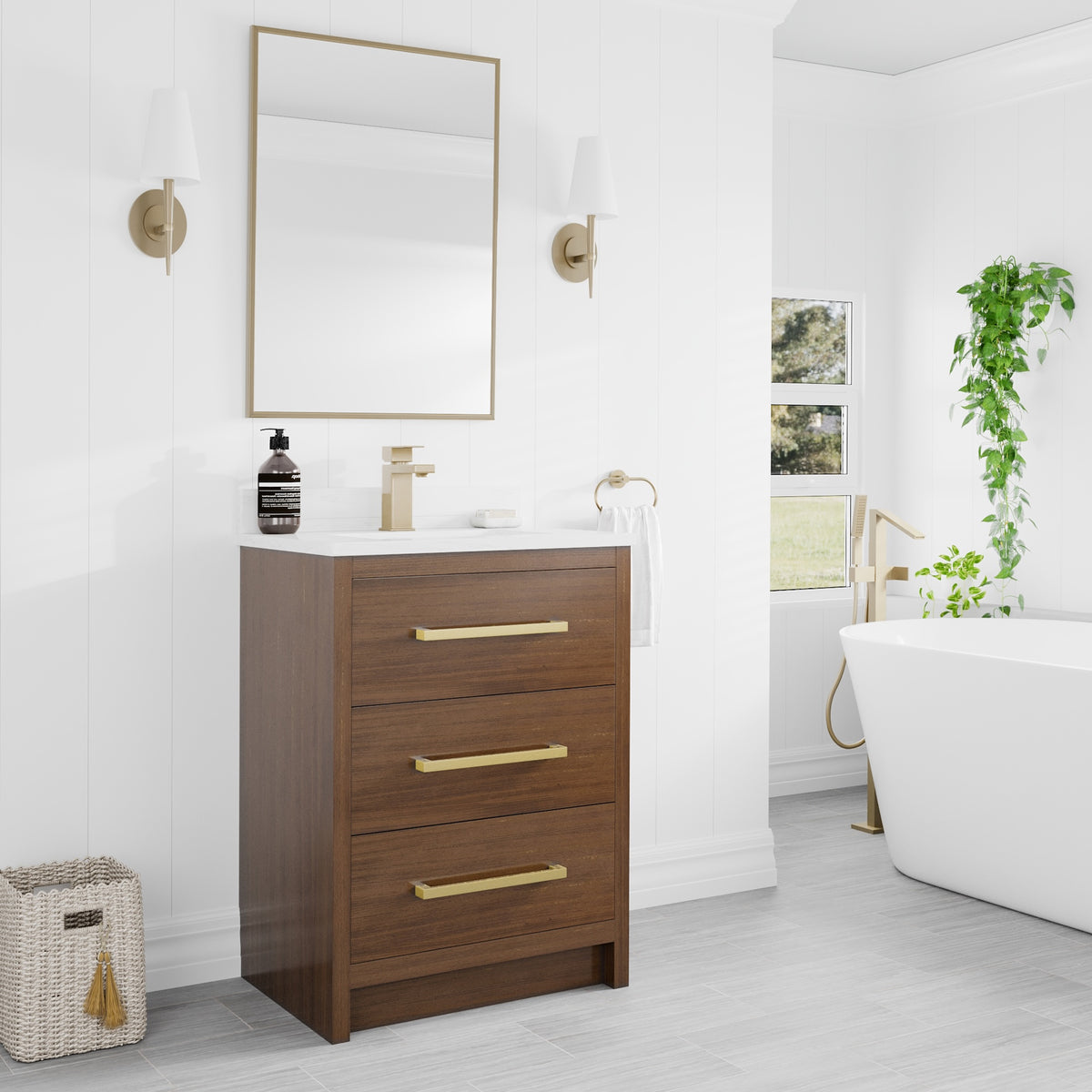 Curio 24 in. Walnut Single Sink Bath Vanity with Arabescato Engineered Stone Top and Undermount Porcelain Sink - Bathroom Vanity by Eviva