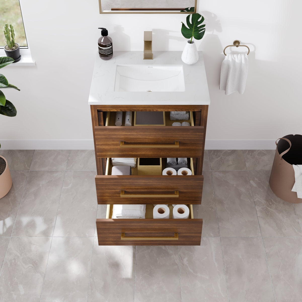 Curio 26 in. Walnut Single Sink Bath Vanity with Arabescato Engineered Stone Top and Undermount Porcelain Sink - Bathroom Vanity by Eviva