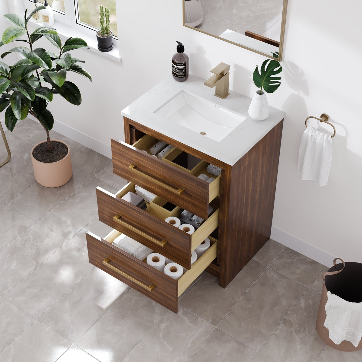 Curio 26 in. Walnut Single Sink Bath Vanity with Arabescato Engineered Stone Top and Undermount Porcelain Sink - Bathroom Vanity by Eviva