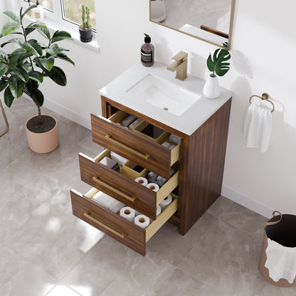 Curio 26 in. Walnut Single Sink Bath Vanity with Arabescato Engineered Stone Top and Undermount Porcelain Sink - Bathroom Vanity by Eviva