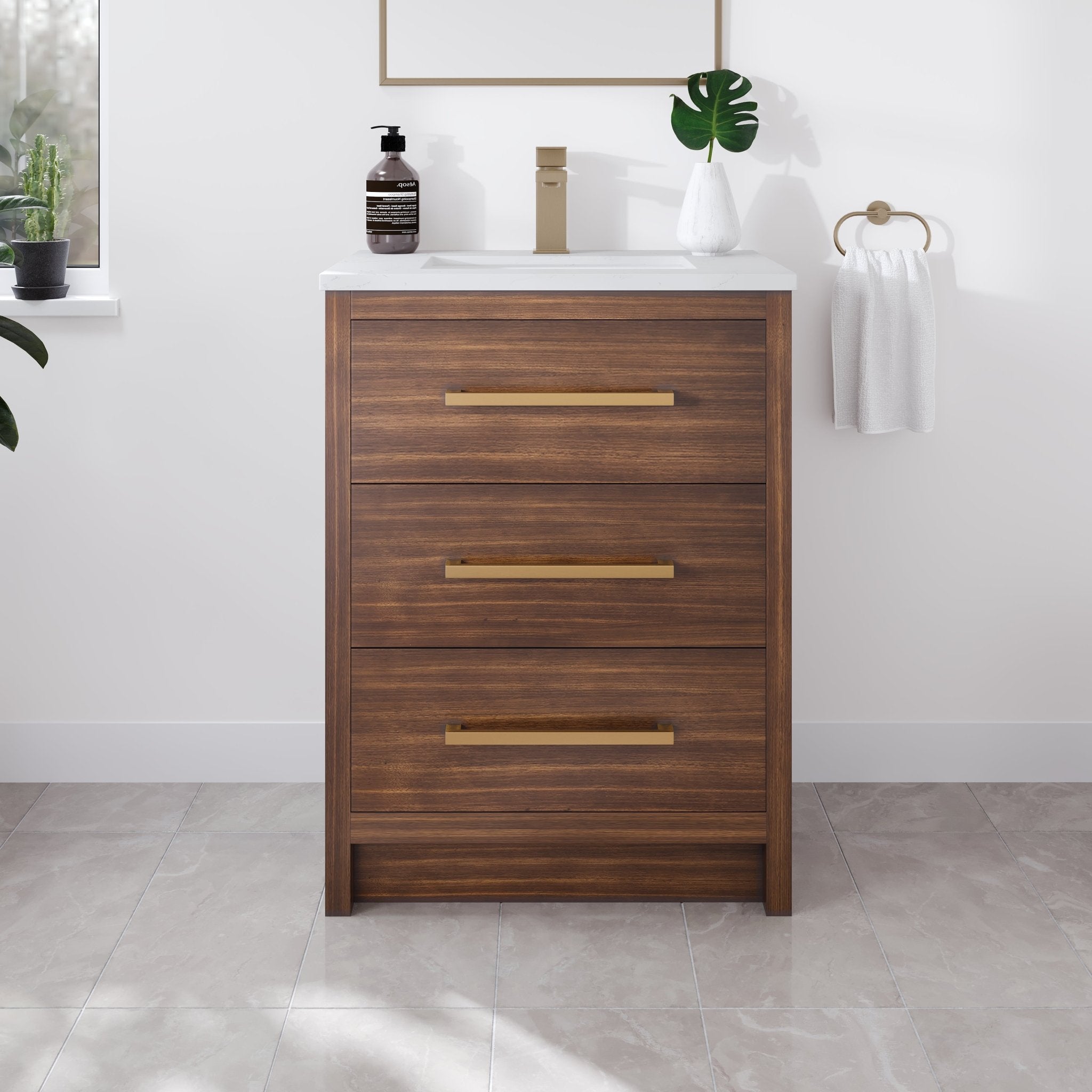 Curio 26 in. Walnut Single Sink Bath Vanity with Arabescato Engineered Stone Top and Undermount Porcelain Sink - Bathroom Vanity by Eviva
