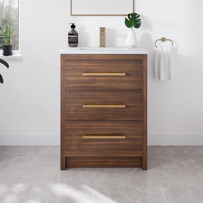 Curio 26 in. Walnut Single Sink Bath Vanity with Arabescato Engineered Stone Top and Undermount Porcelain Sink - Bathroom Vanity by Eviva