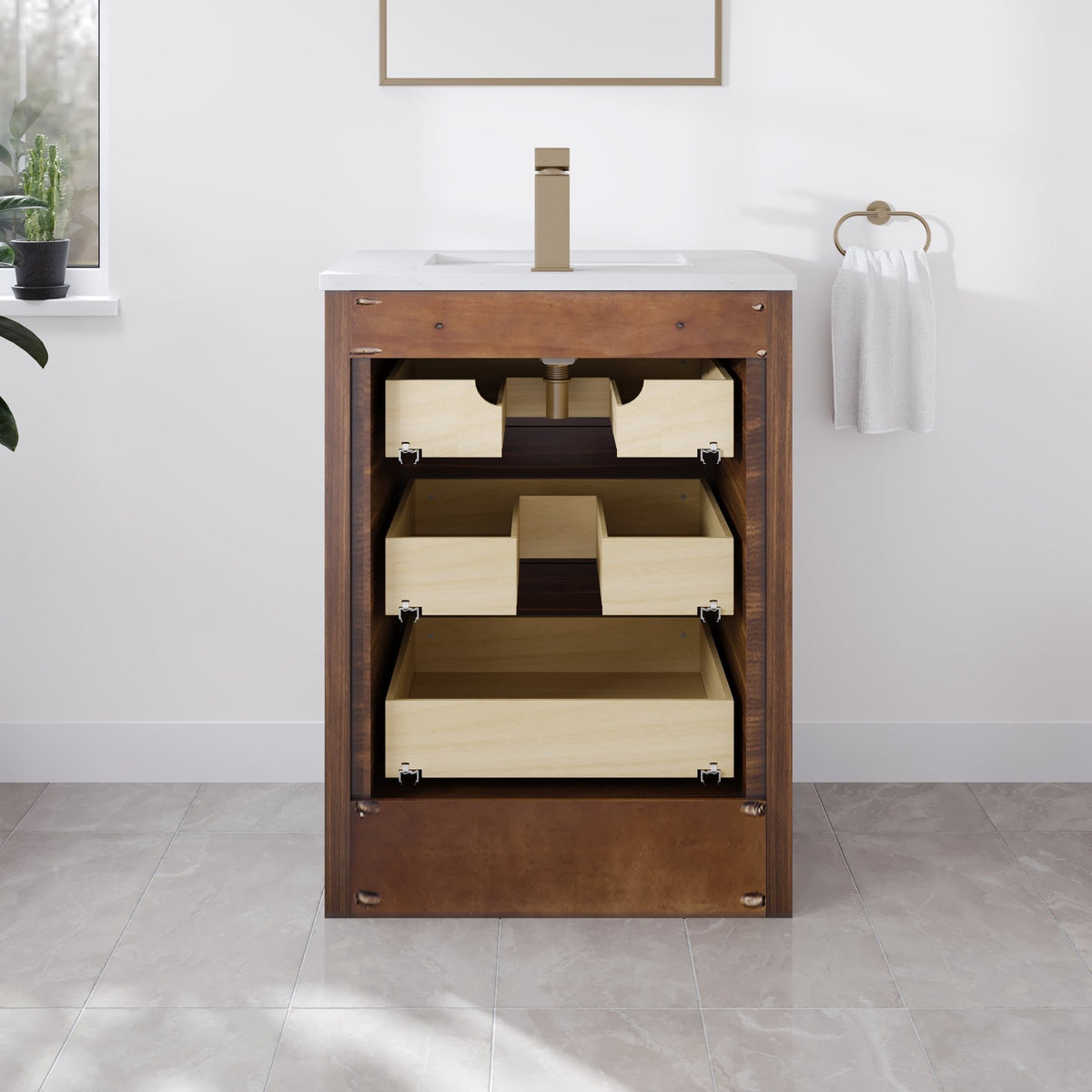 Curio 26 in. Walnut Single Sink Bath Vanity with Arabescato Engineered Stone Top and Undermount Porcelain Sink - Bathroom Vanity by Eviva