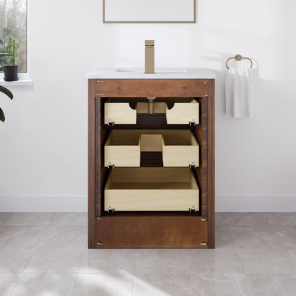 Curio 26 in. Walnut Single Sink Bath Vanity with Arabescato Engineered Stone Top and Undermount Porcelain Sink - Bathroom Vanity by Eviva