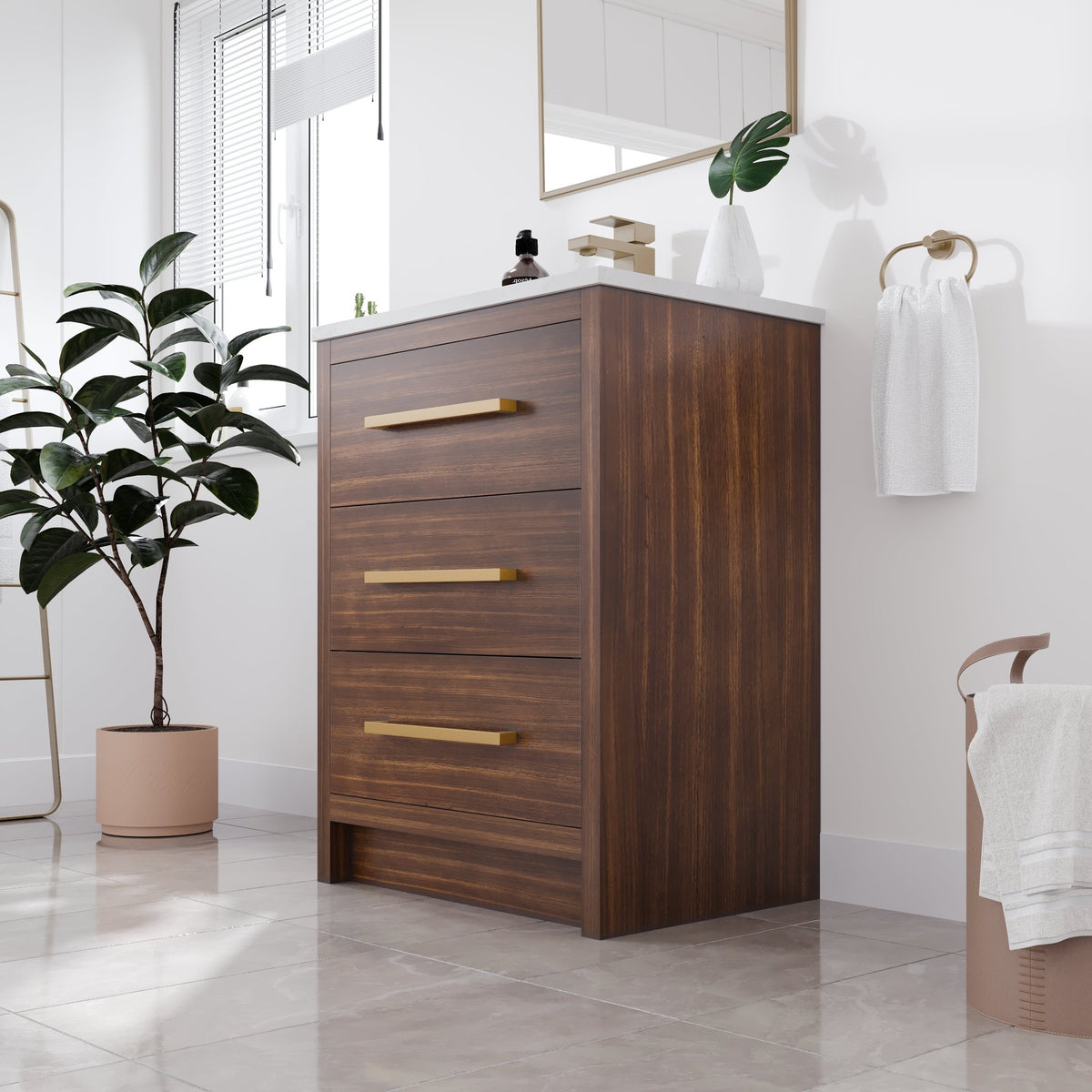 Curio 26 in. Walnut Single Sink Bath Vanity with Arabescato Engineered Stone Top and Undermount Porcelain Sink - Bathroom Vanity by Eviva