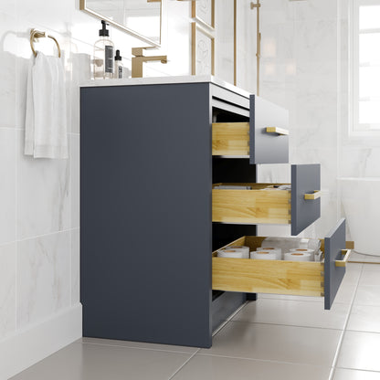Curio 30 in. Dark Blue Single Sink Bath Vanity with Arabescato Engineered Stone Top and Undermount Porcelain Sink - Bathroom Vanity by Eviva