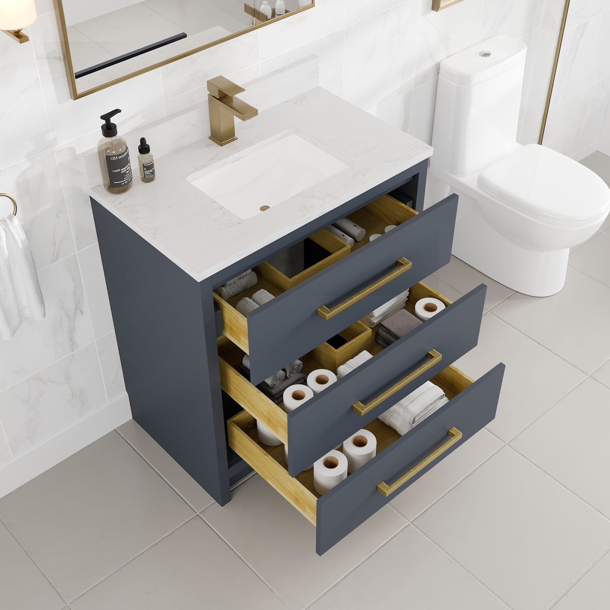 Curio 30 in. Dark Blue Single Sink Bath Vanity with Arabescato Engineered Stone Top and Undermount Porcelain Sink - Bathroom Vanity by Eviva