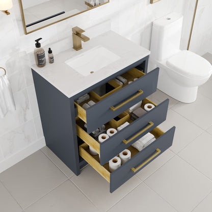 Curio 30 in. Dark Blue Single Sink Bath Vanity with Arabescato Engineered Stone Top and Undermount Porcelain Sink - Bathroom Vanity by Eviva