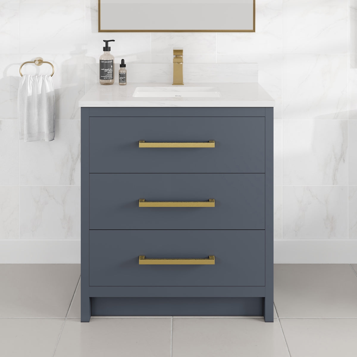 Curio 30 in. Dark Blue Single Sink Bath Vanity with Arabescato Engineered Stone Top and Undermount Porcelain Sink - Bathroom Vanity by Eviva