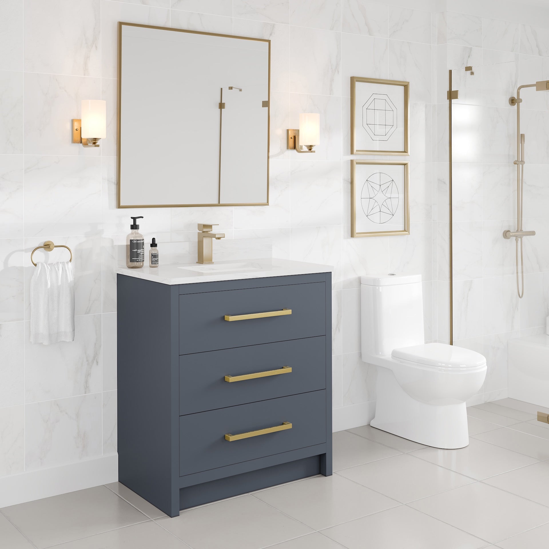 Curio 30 in. Dark Blue Single Sink Bath Vanity with Arabescato Engineered Stone Top and Undermount Porcelain Sink - Bathroom Vanity by Eviva