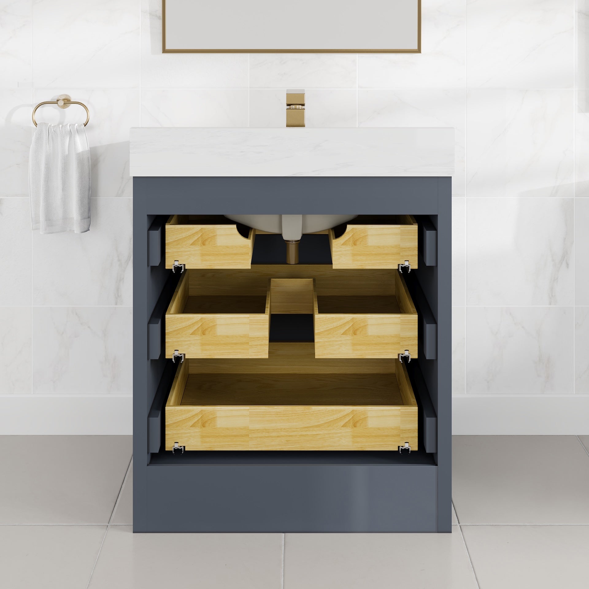 Curio 30 in. Dark Blue Single Sink Bath Vanity with Arabescato Engineered Stone Top and Undermount Porcelain Sink - Bathroom Vanity by Eviva