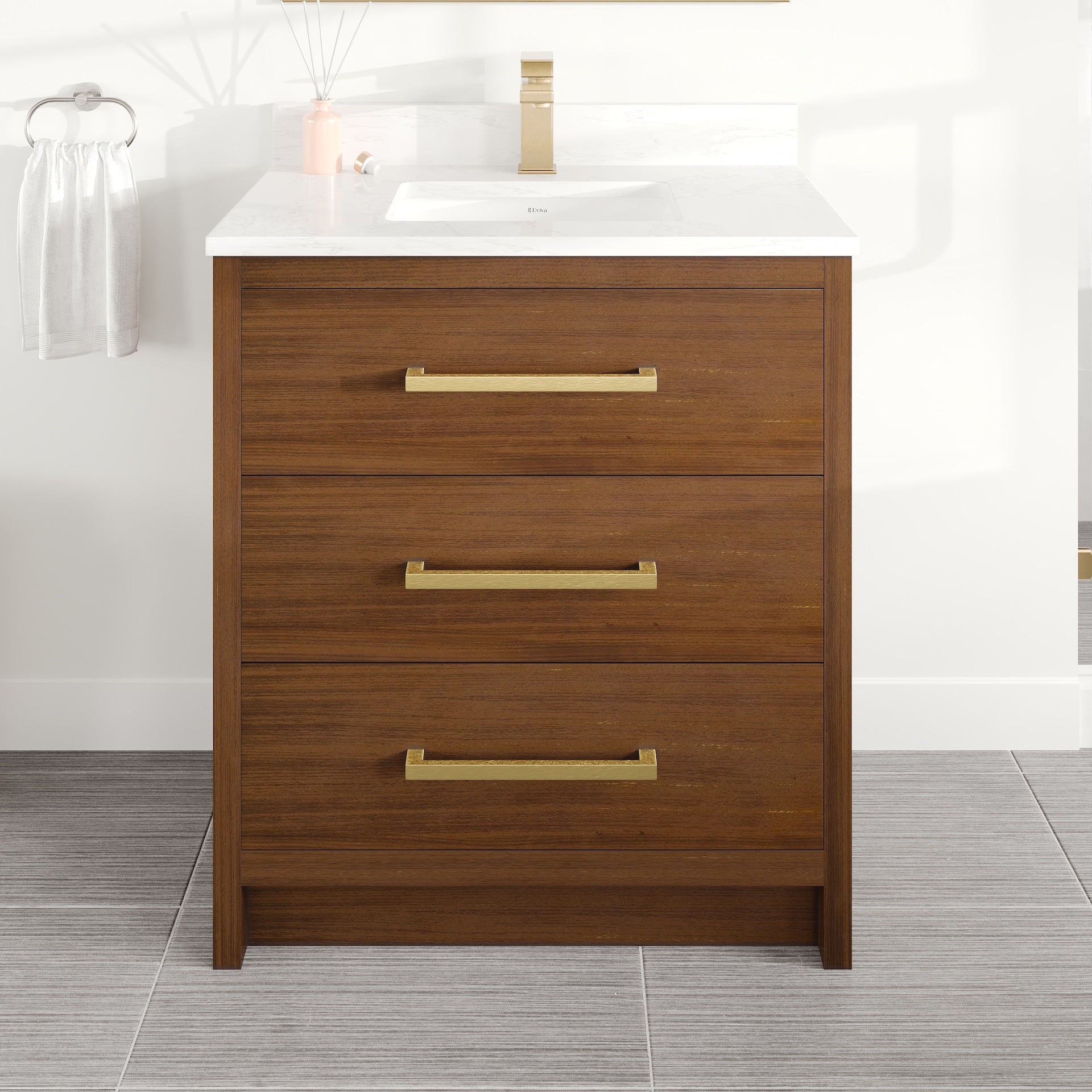 Curio 30 in. Walnut Single Sink Bath Vanity with Arabescato Engineered Stone Top and Undermount Porcelain Sink - Bathroom Vanity by Eviva