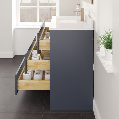 Curio 36 in. Dark Blue Single Sink Bath Vanity with Arabescato Engineered Stone Top and Undermount Porcelain Sink - Bathroom Vanity by Eviva