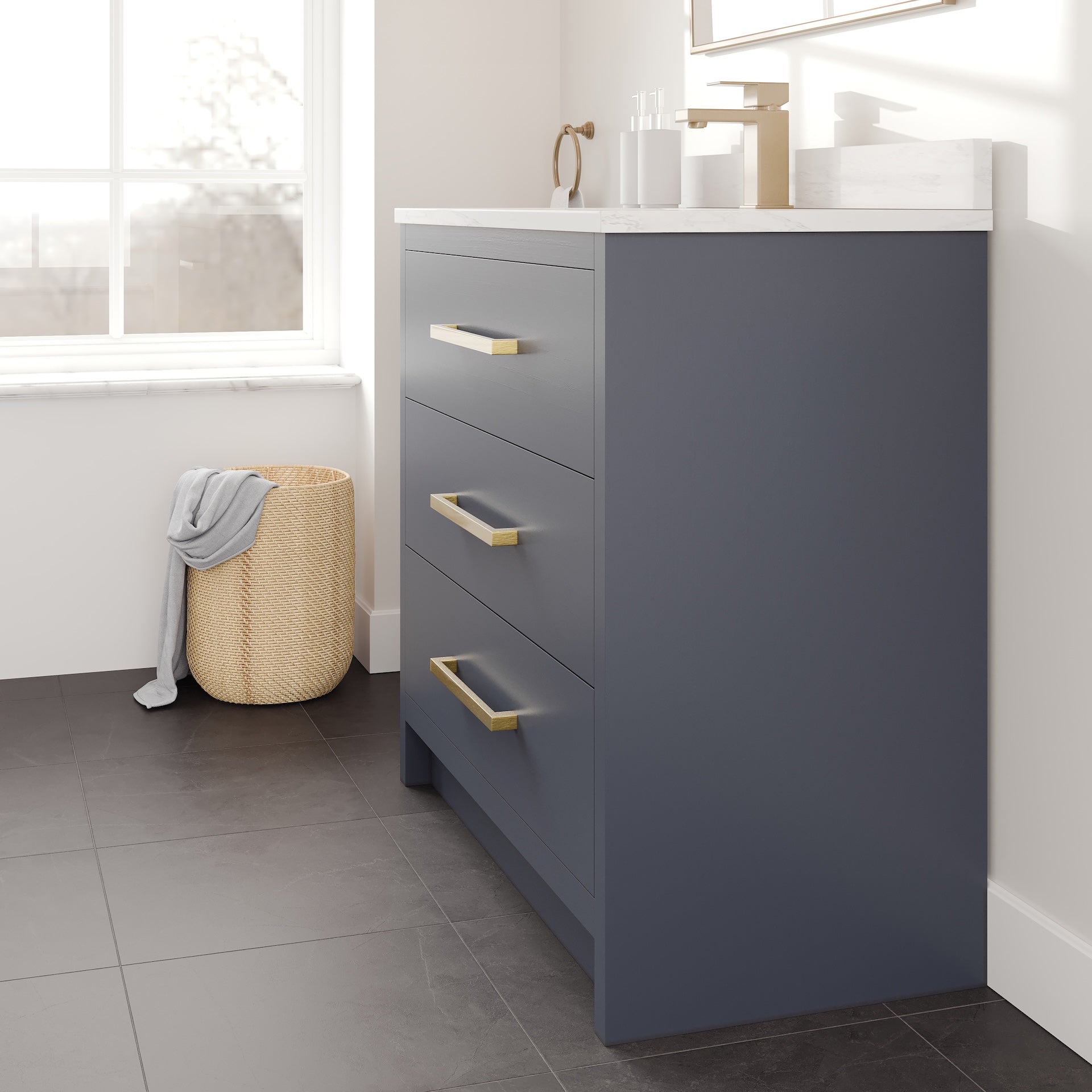 Curio 36 in. Dark Blue Single Sink Bath Vanity with Arabescato Engineered Stone Top and Undermount Porcelain Sink - Bathroom Vanity by Eviva