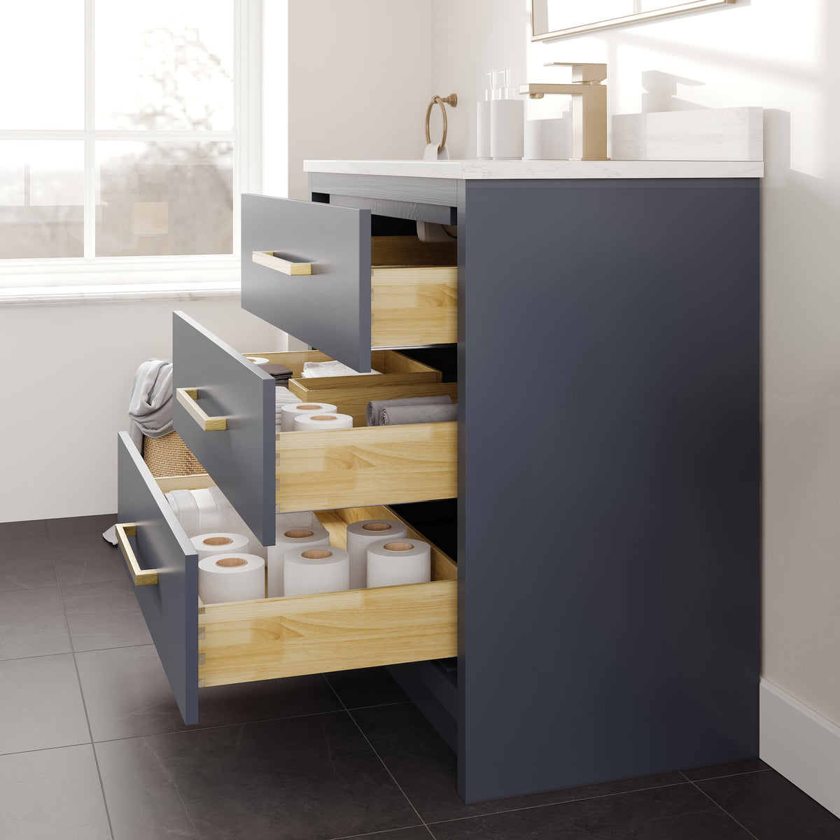 Curio 36 in. Dark Blue Single Sink Bath Vanity with Arabescato Engineered Stone Top and Undermount Porcelain Sink - Bathroom Vanity by Eviva