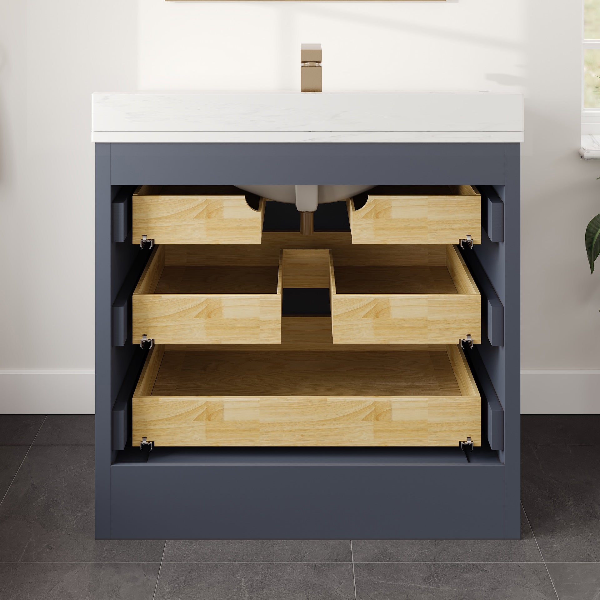 Curio 36 in. Dark Blue Single Sink Bath Vanity with Arabescato Engineered Stone Top and Undermount Porcelain Sink - Bathroom Vanity by Eviva