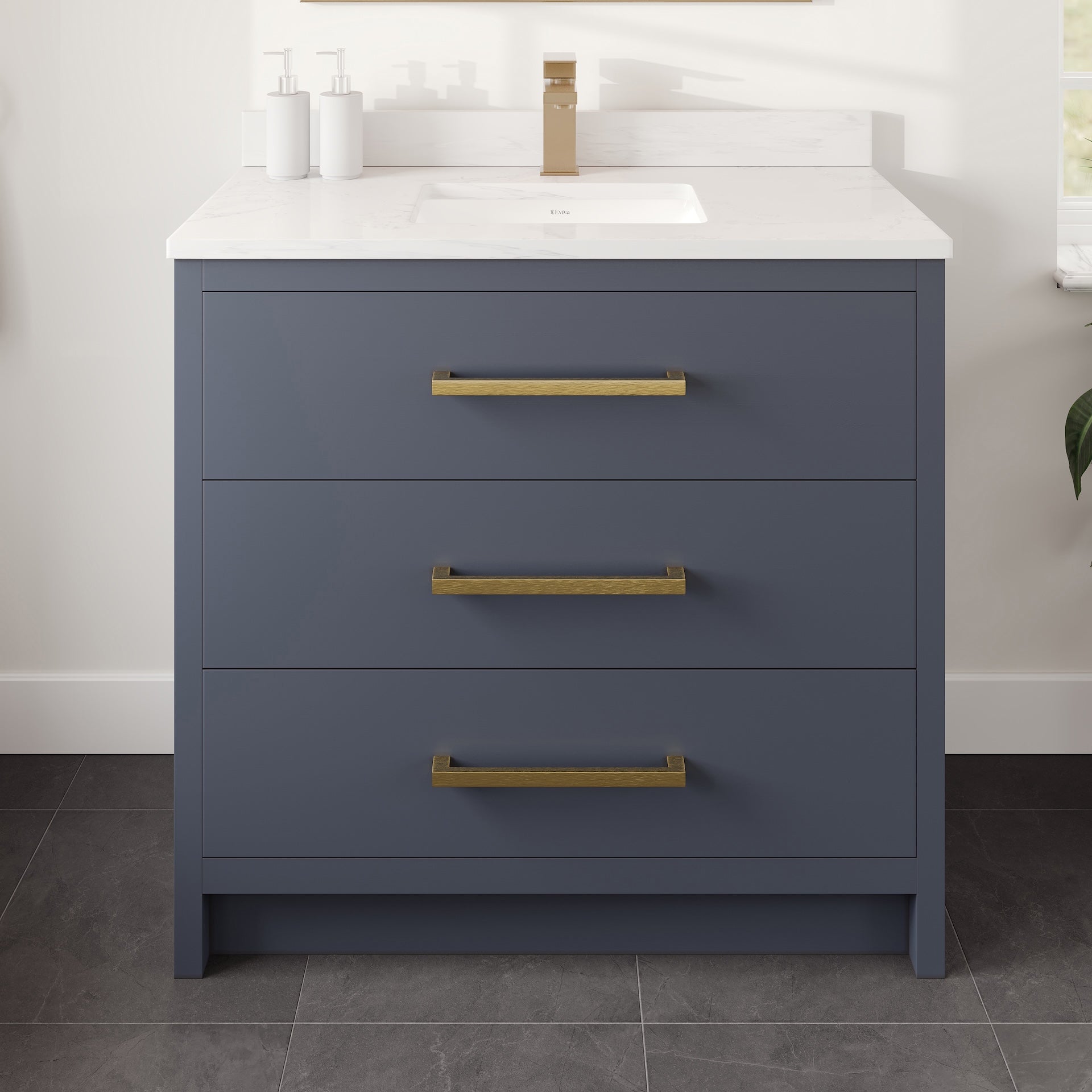Curio 36 in. Dark Blue Single Sink Bath Vanity with Arabescato Engineered Stone Top and Undermount Porcelain Sink - Bathroom Vanity by Eviva