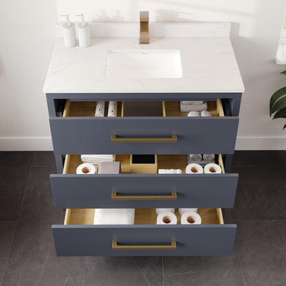 Curio 36 in. Dark Blue Single Sink Bath Vanity with Arabescato Engineered Stone Top and Undermount Porcelain Sink - Bathroom Vanity by Eviva