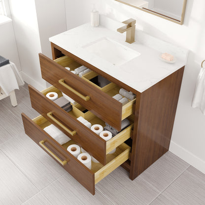 Curio 36 in. Walnut Single Sink Bath Vanity with Arabescato Engineered Stone Top and Undermount Porcelain Sink - Bathroom Vanity by Eviva