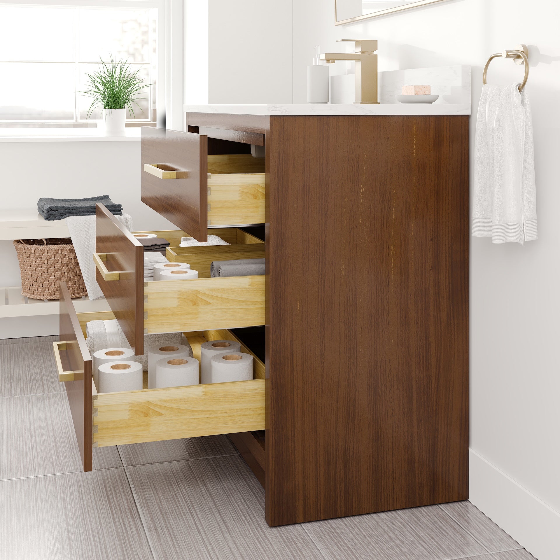 Curio 36 in. Walnut Single Sink Bath Vanity with Arabescato Engineered Stone Top and Undermount Porcelain Sink - Bathroom Vanity by Eviva