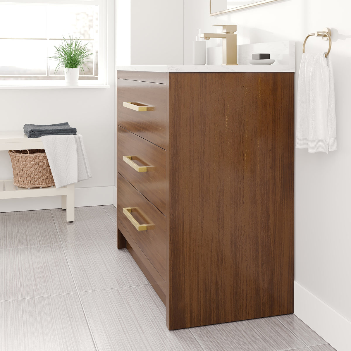 Curio 36 in. Walnut Single Sink Bath Vanity with Arabescato Engineered Stone Top and Undermount Porcelain Sink - Bathroom Vanity by Eviva