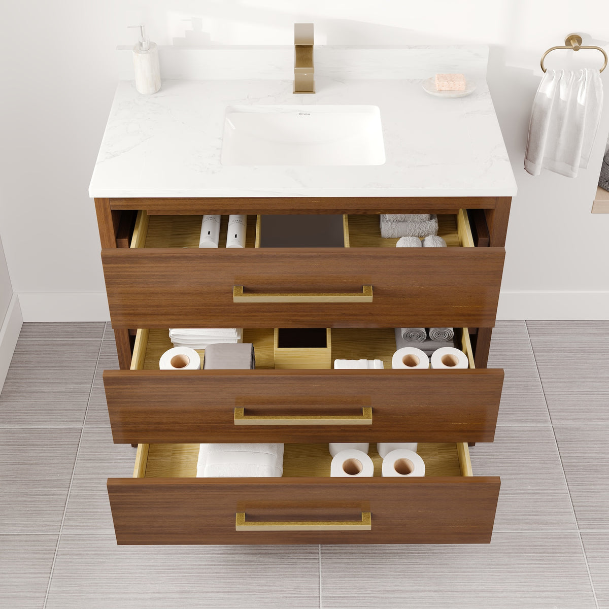 Curio 36 in. Walnut Single Sink Bath Vanity with Arabescato Engineered Stone Top and Undermount Porcelain Sink - Bathroom Vanity by Eviva