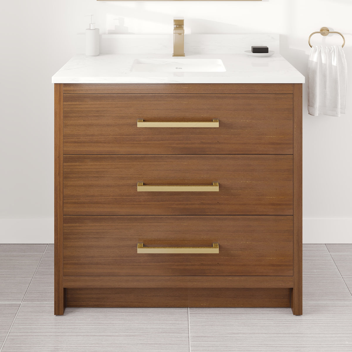 Curio 36 in. Walnut Single Sink Bath Vanity with Arabescato Engineered Stone Top and Undermount Porcelain Sink - Bathroom Vanity by Eviva