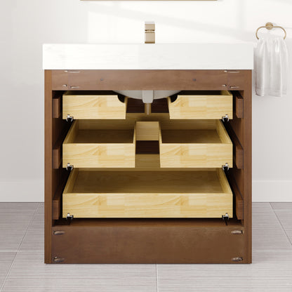 Curio 36 in. Walnut Single Sink Bath Vanity with Arabescato Engineered Stone Top and Undermount Porcelain Sink - Bathroom Vanity by Eviva