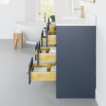 Curio 42 in. Dark Blue Single Sink Bath Vanity with Arabescato Engineered Stone Top and Undermount Porcelain Sink - Bathroom Vanity by Eviva