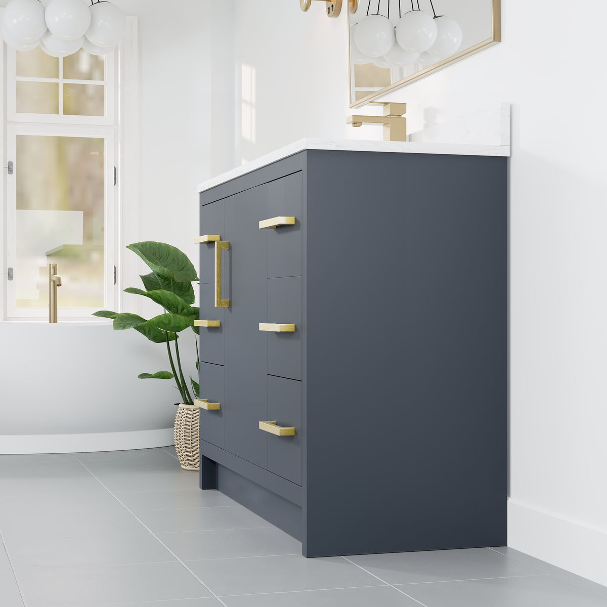 Curio 42 in. Dark Blue Single Sink Bath Vanity with Arabescato Engineered Stone Top and Undermount Porcelain Sink - Bathroom Vanity by Eviva
