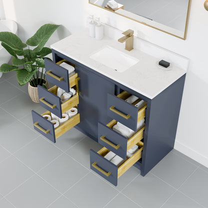 Curio 42 in. Dark Blue Single Sink Bath Vanity with Arabescato Engineered Stone Top and Undermount Porcelain Sink - Bathroom Vanity by Eviva