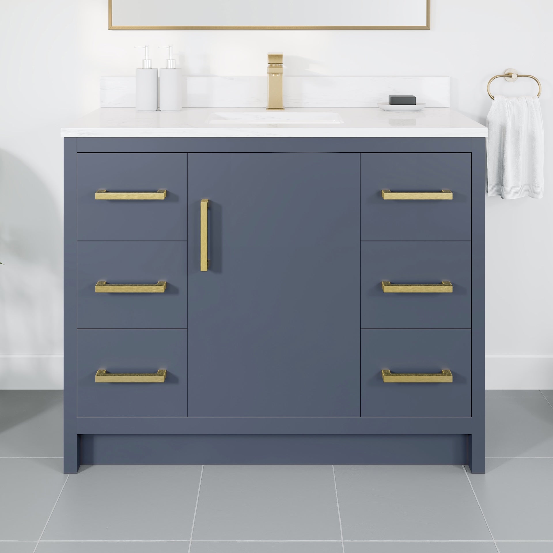 Curio 42 in. Dark Blue Single Sink Bath Vanity with Arabescato Engineered Stone Top and Undermount Porcelain Sink - Bathroom Vanity by Eviva