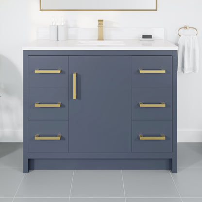 Curio 42 in. Dark Blue Single Sink Bath Vanity with Arabescato Engineered Stone Top and Undermount Porcelain Sink - Bathroom Vanity by Eviva