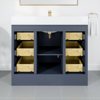 Curio 42 in. Dark Blue Single Sink Bath Vanity with Arabescato Engineered Stone Top and Undermount Porcelain Sink - Bathroom Vanity by Eviva