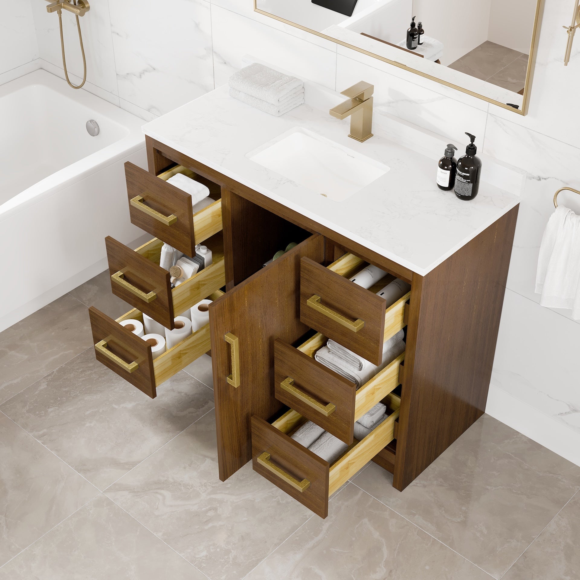 Curio 42 in. Walnut Single Sink Bath Vanity with Arabescato Engineered Stone Top and Undermount Porcelain Sink - Bathroom Vanity by Eviva