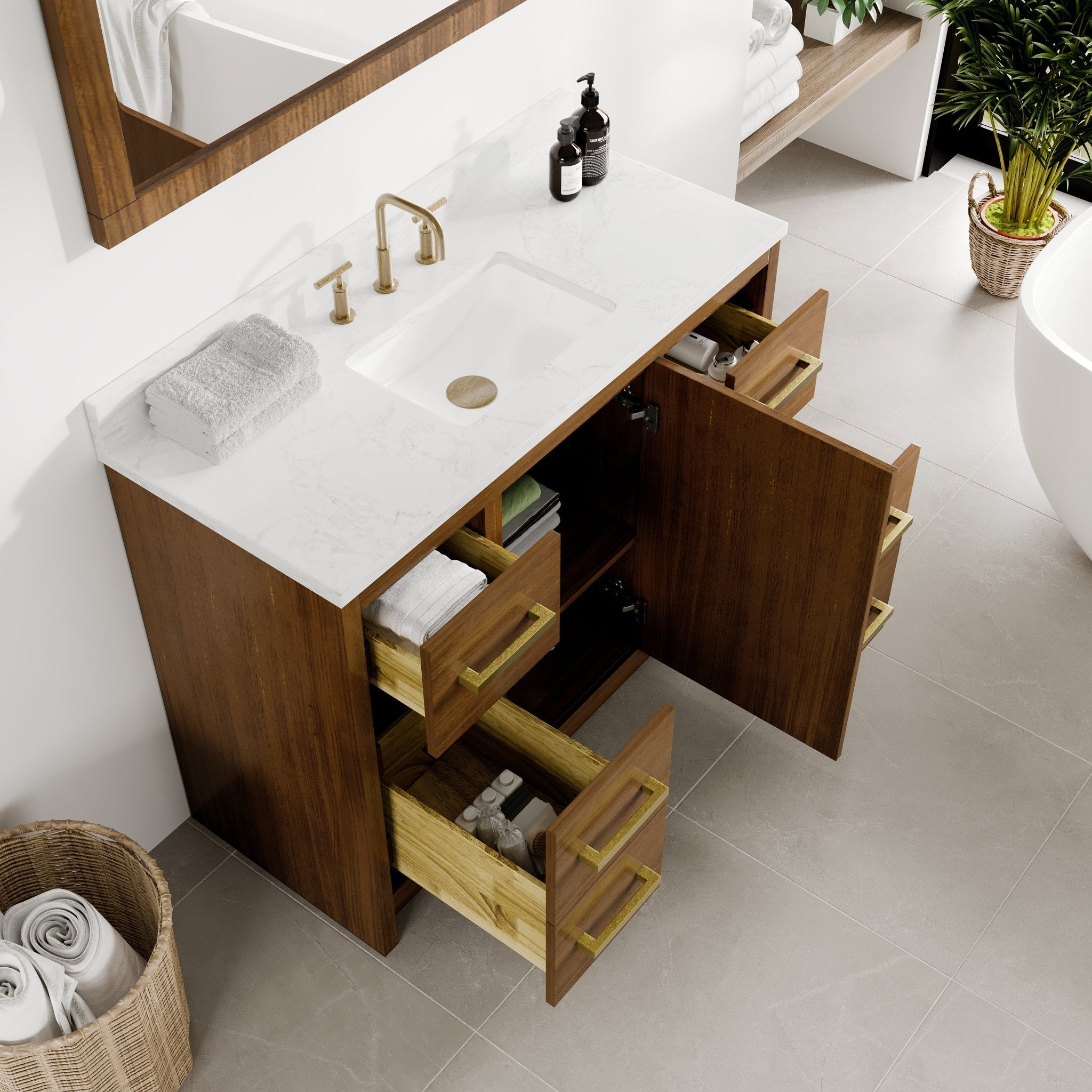 Nora 42 in. Walnut Single Sink Bath Vanity with Arabescato Engineered Stone Top and Undermount Porcelain Sink - Bathroom Vanity by Eviva