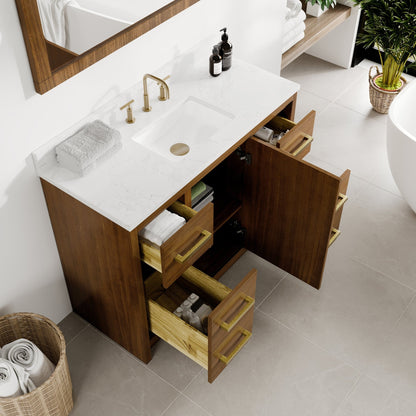 Nora 42 in. Walnut Single Sink Bath Vanity with Arabescato Engineered Stone Top and Undermount Porcelain Sink - Bathroom Vanity by Eviva