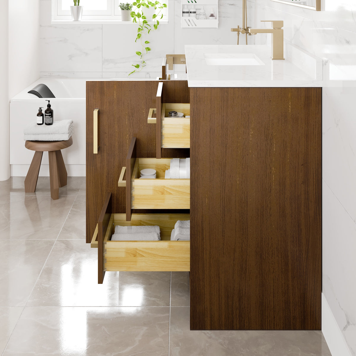 Curio 42 in. Walnut Single Sink Bath Vanity with Arabescato Engineered Stone Top and Undermount Porcelain Sink - Bathroom Vanity by Eviva