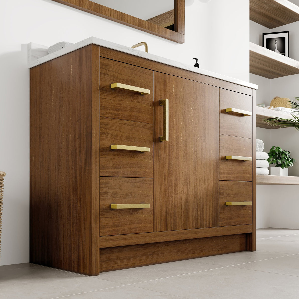 Nora 42 in. Walnut Single Sink Bath Vanity with Arabescato Engineered Stone Top and Undermount Porcelain Sink - Bathroom Vanity by Eviva