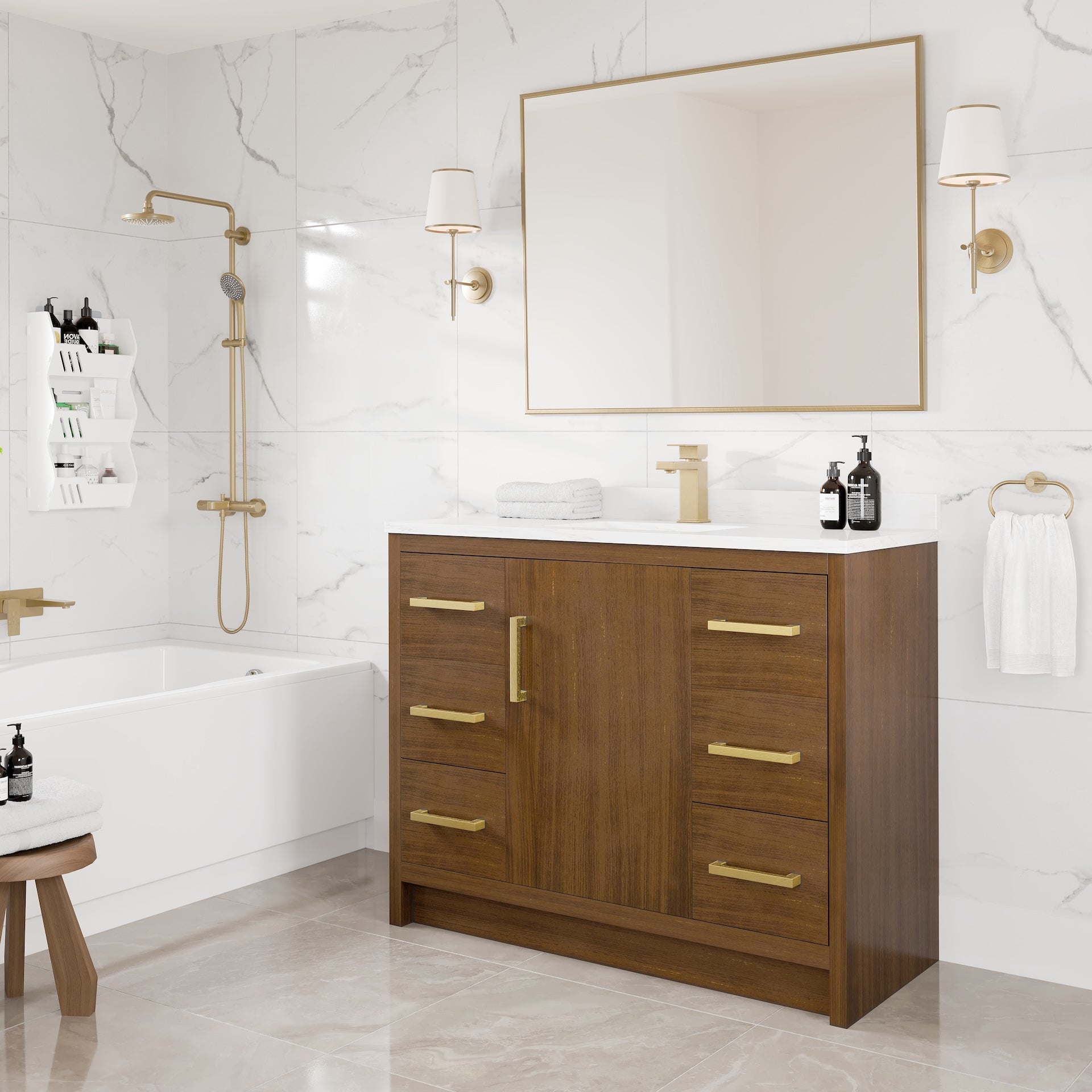 Curio 42 in. Walnut Single Sink Bath Vanity with Arabescato Engineered Stone Top and Undermount Porcelain Sink - Bathroom Vanity by Eviva