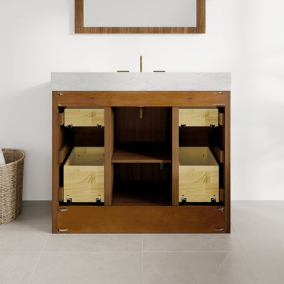 Nora 42 in. Walnut Single Sink Bath Vanity with Arabescato Engineered Stone Top and Undermount Porcelain Sink - Bathroom Vanity by Eviva